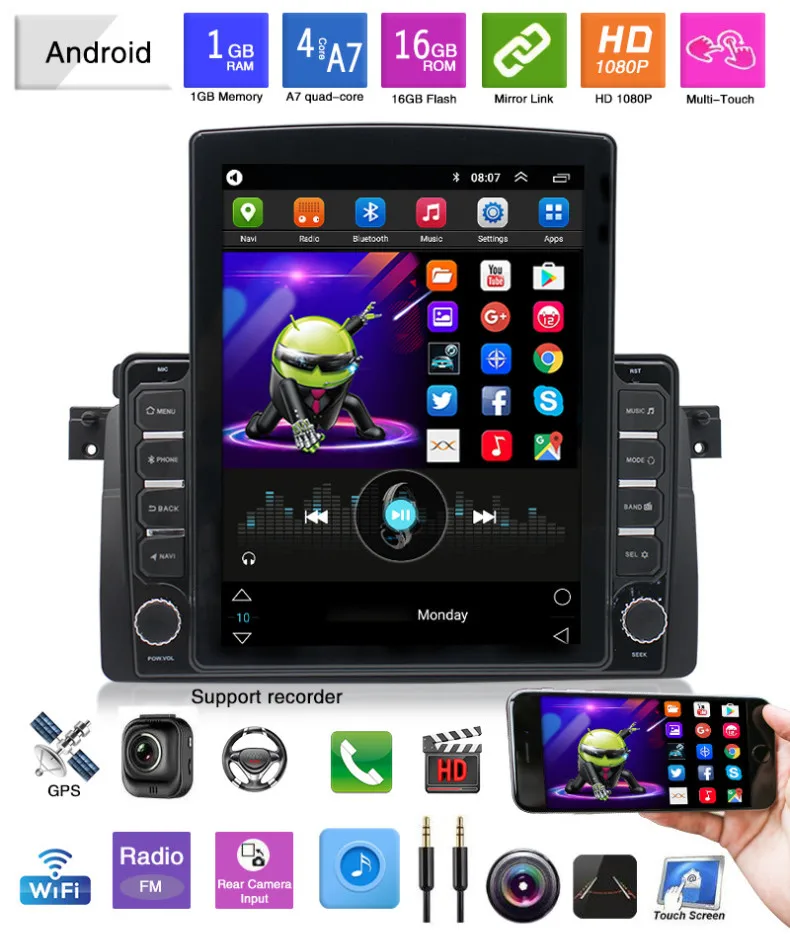 Автомобильный видеопроигрыватель e46 с сенсорным экраном 9,7 дюйма, мультимедийный проигрыватель, головное устройство в стиле tesla, gps-навигация, android для головного блока bmw e46