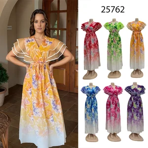 New Wholesale Spring V-neck Waist Slim Casual Women's Short Sleeve Printed Lace Dress