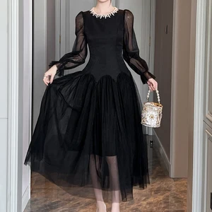 ZYHT 9901 Wholesale A-Line One Piece Luxurious Pearl Puffy Long Sleeve Tulle Ladies Gowns Black Formal Evening Dresses for Women