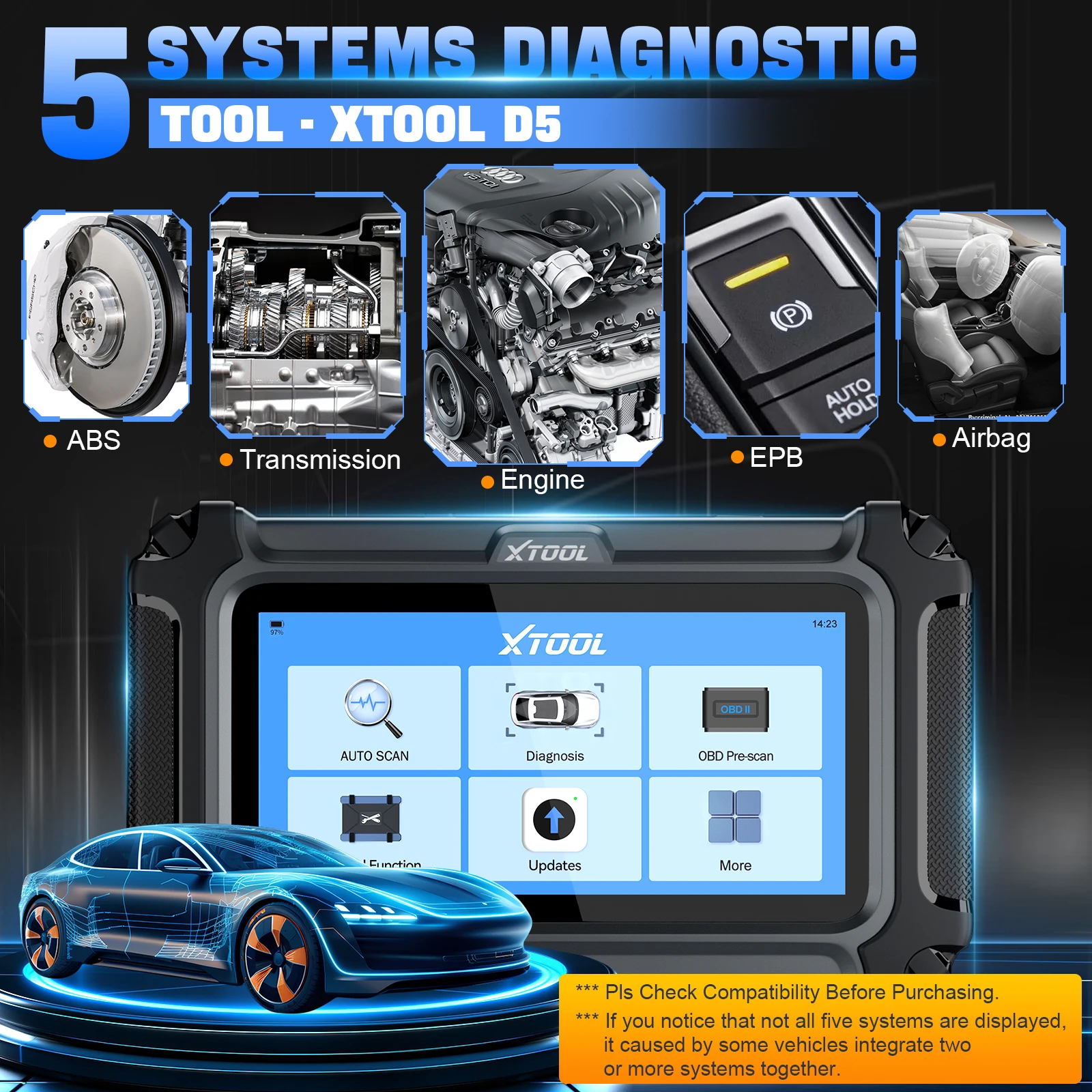  D5 Car Diagnostic Tool OBD2 Scanner PCM/TCM/ABS/SRS/EPB 5 Systems OBD2 Code Reader 9 Reset CAN FD FCA Engine Test Scanner
