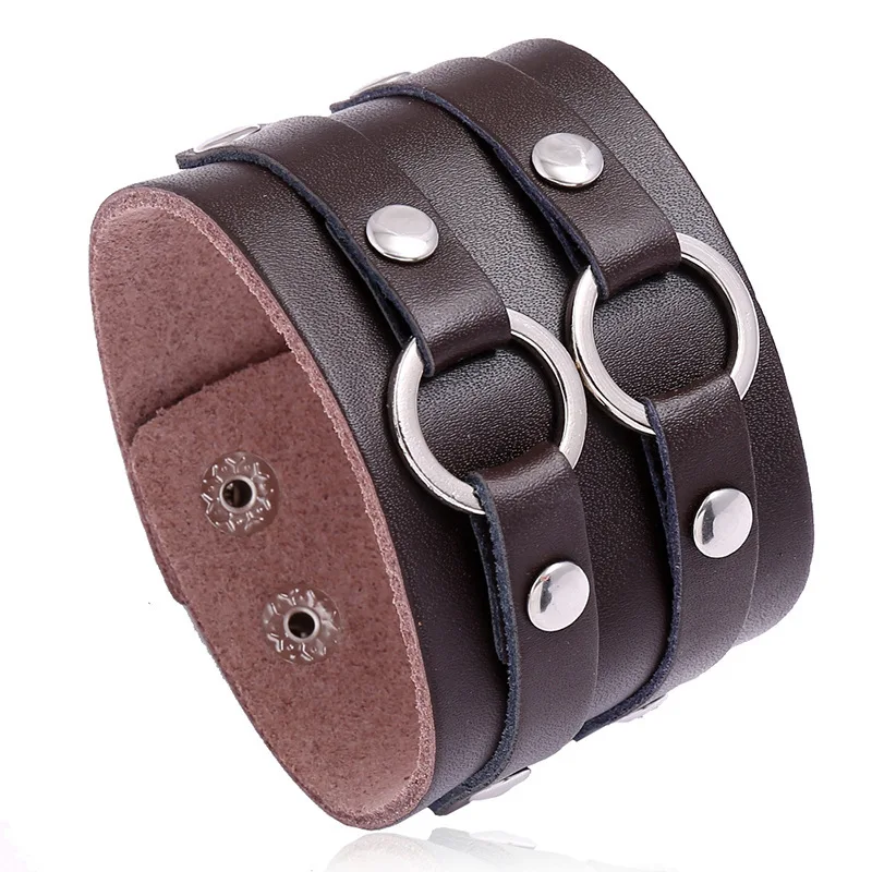 Latest Design Retro Men Simple Style Cowhide Double Loop Rock Wide Leather Bracelet
