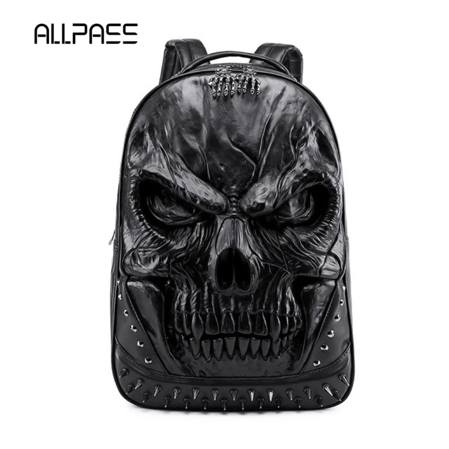 Mochila con remaches de calavera en 3D para estudiantes, morral escolar con  remaches de Metal negro, impermeable, de silicona en relieve, cabeza