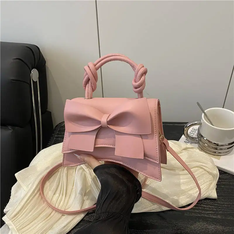 Autumn New Simple Solid Color Portable Shoulder Small Square Bag Texture Bow Casual Crossbody Women's Bag