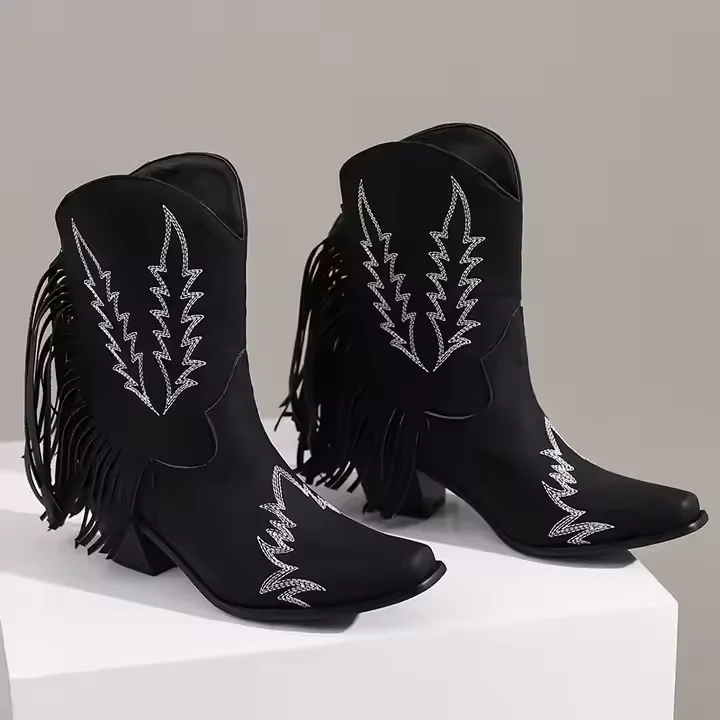 Big Size Western Ankle Boots Square Toe Pu Leather 6cm Heel Women Cowboy Boots With Fringe - Image 1