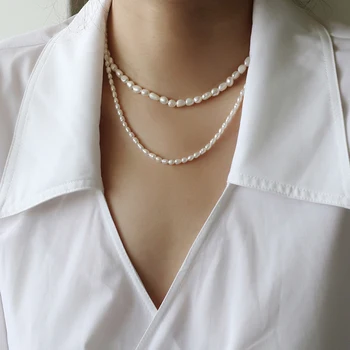 Elegant Minimalist Irregular Natural Freshwater Pearl Necklace Rice Pearl Beaded Choker Necklaces For Women Pearl Jewelry