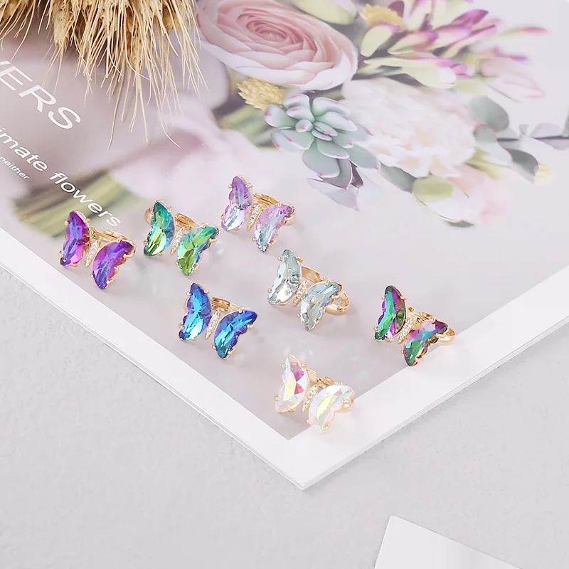 Adjustable 3D Butterfly Crystal Ring For Women - Gold Plated Open Finger Cuff, Aesthetic Gift - View #12