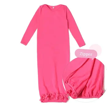 Long ruffles plus size baby sleeping gowns with zipper clothing cotton spring plain color newborn baby girls sleepwear