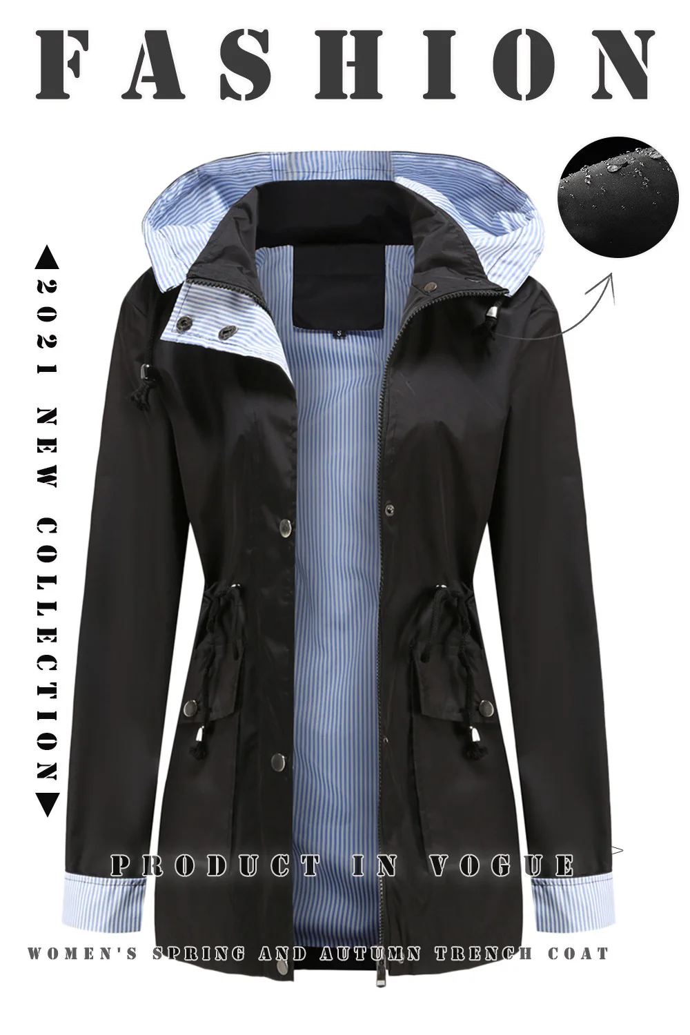 Women Plus Size Windproof Plain Outdoor Stripe Raincoat Hoodie Jacket Coat 