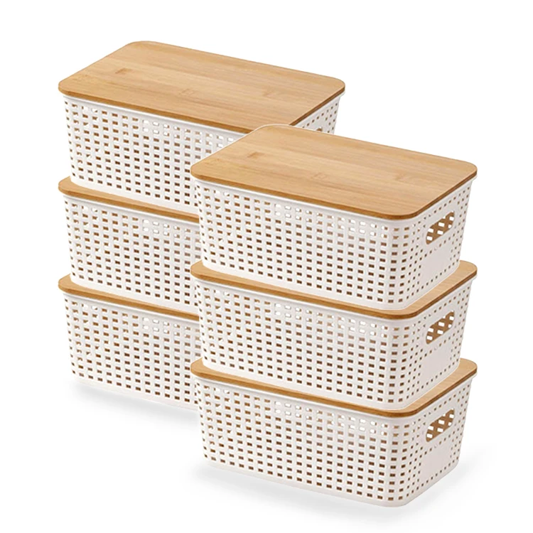 Wholesale 6 Packs Stackable Plastic Storage Bins with Bamboo Lids for Pantry Organization