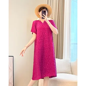 2026 Summer Loose Belly Slim Red Dress for Generations New Size Short Sleeve Front Logo Casual Style Chiffon Fabric Solid