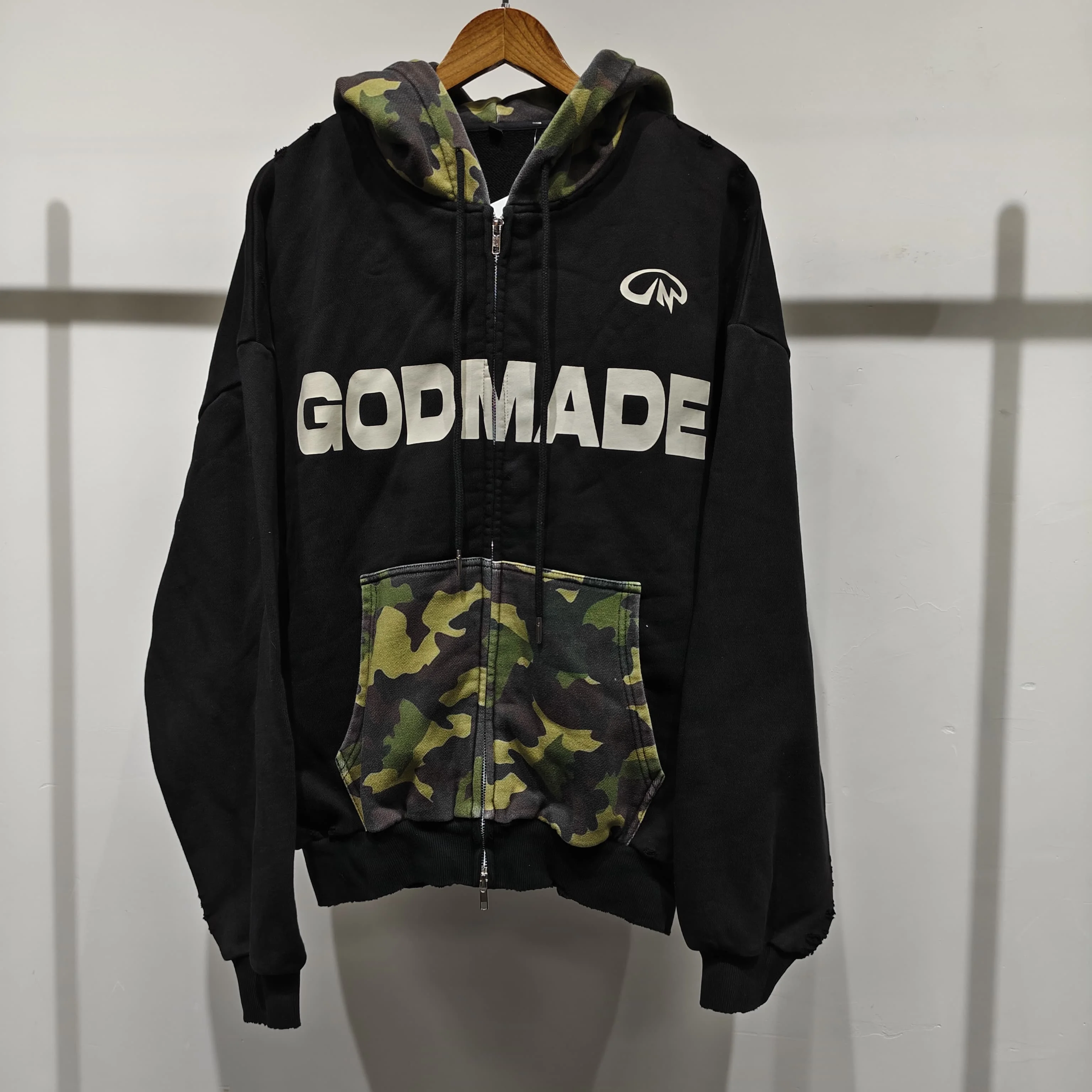 Custom Heavy Cotton Sunfaded Distressed Acid Washed Zip up Camouflage Print Men Women Unisex Hooded Jacket gallery 7