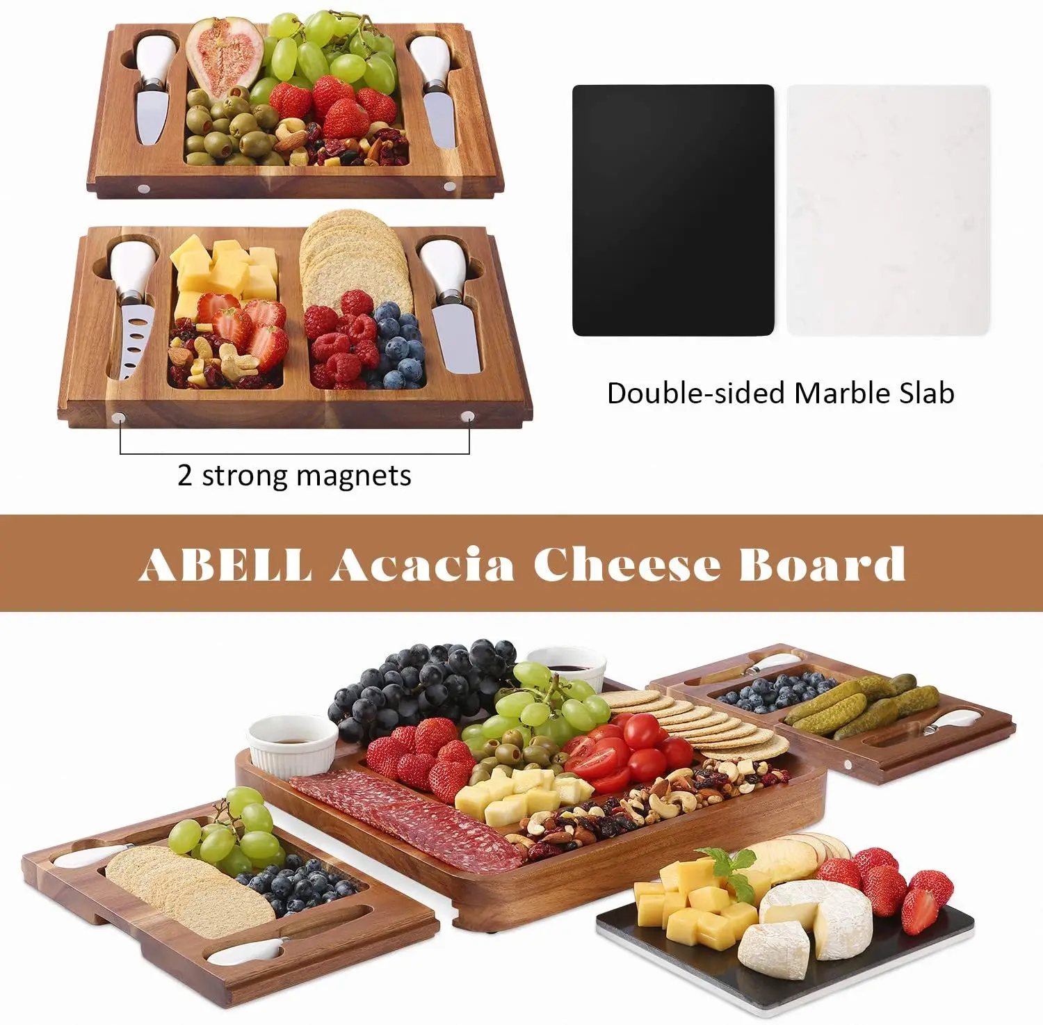 Combohome Cheese Board and Knife Set Acacia Charcuterie Boards Platter Serving Tray with Double Side Marble Slab
