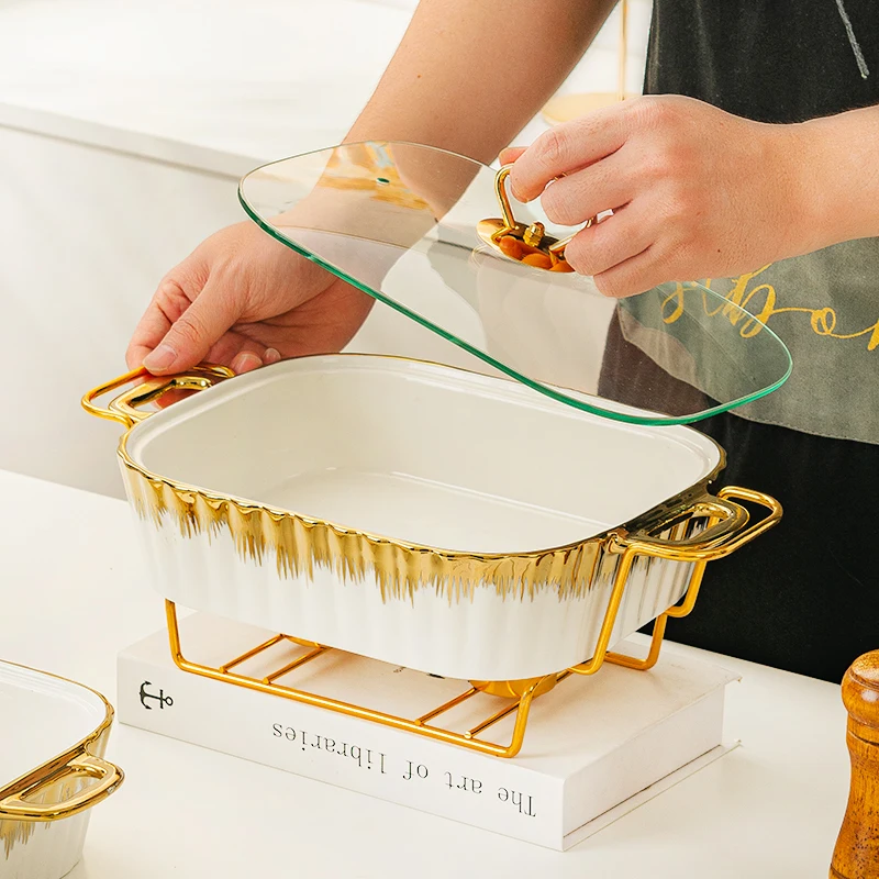SYL Luxury  New Rectangular Gold Edge Ceramic Bakeware Casserole Ceramic Pot with Glass Lid Griddles Grill Pans Baking Tray