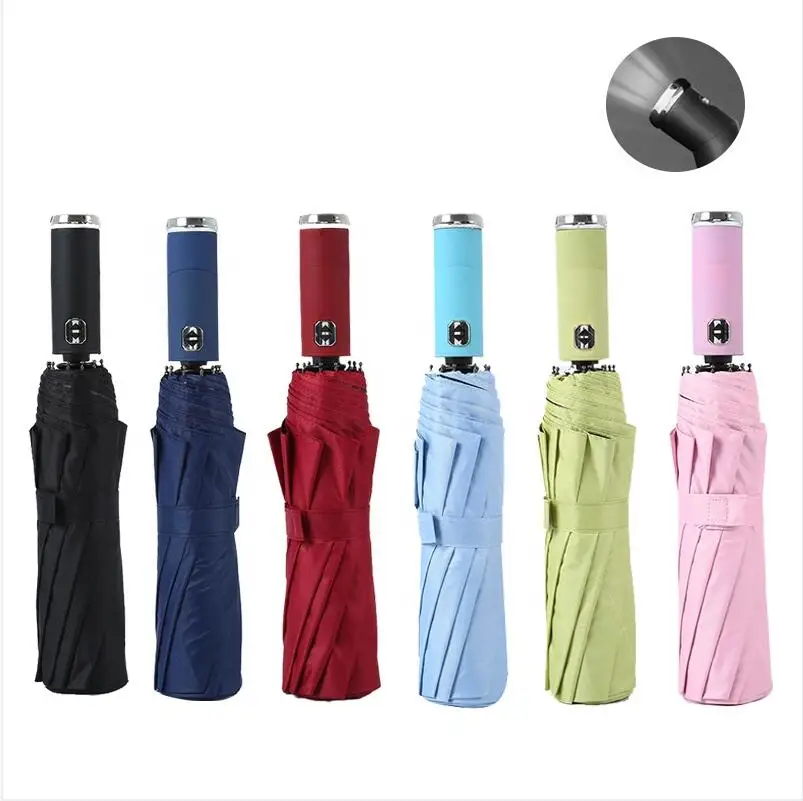 Automatic Open Close Compact Led Umbrella Flashlight 3 Folding Umbrella With Reflective