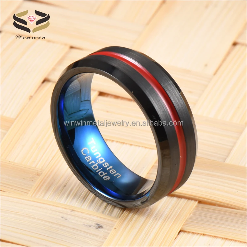 Red Strip Brushed Blue Tungsten Ring for Wedding and Engagement with Channel Setting