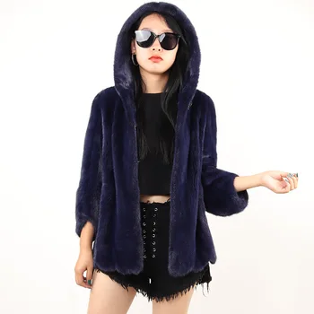 New Design Girls Fur Coat Luxury Blue Hooded Real Mink Fur Coat for Women