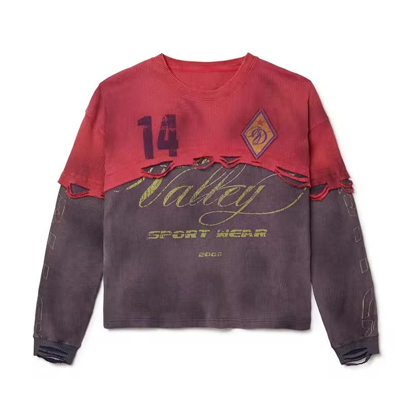 Custom Vintage Washed Distressed Cut off Longsleeve Thermal Waffle Men T-shirt gallery 7