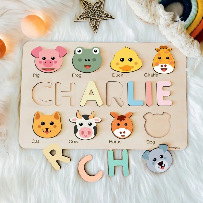 Customized Children Colorful Alphabet Name Puzzle Cute Animal Handmade Wooden Toy Puzzle for Kids Toys
