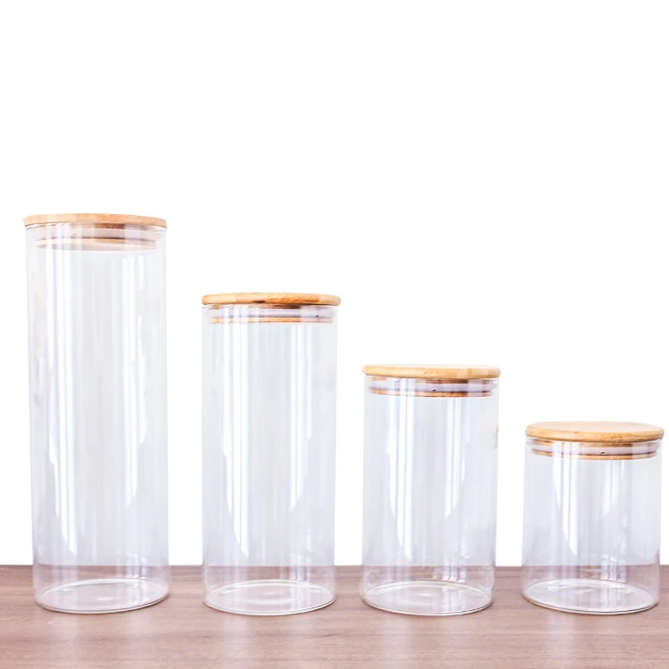 Set 4 Round Glass Canisters Airtight Bamboo Lid Glass Storage Jars For