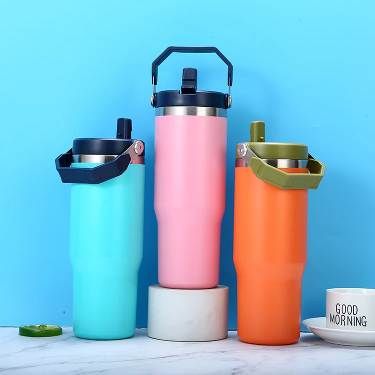 Stainless Steel Flip Straw 30 Oz Tumbler With Handle Matte Colored