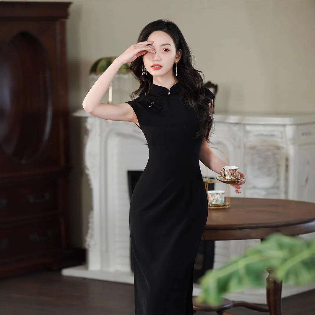 2025 New Chinoiserie Pure Black Cheongsam Dress for Women
