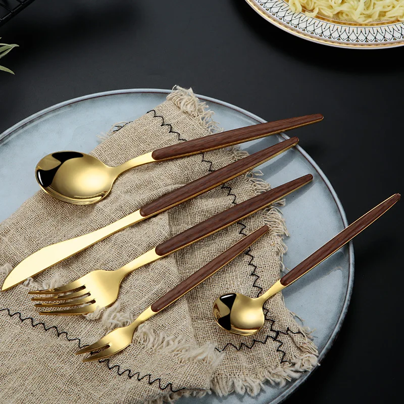 5pcs Custom Gold Utensils Spoon Fork Knife Flatware Metal Stainless Steel Gold Cutlery Set with Printed Wooden Handles