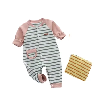 Autumn and Winter New Hot Sale Pure Cotton Comfortable Button long Sleeve strip Baby Romper carters baby clothes