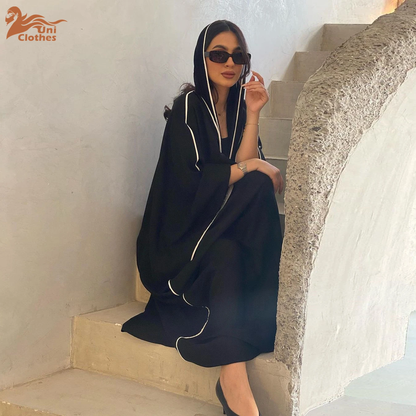 Trendy Black Abaya EID Ramadan Islamic Clothing Patchwork Hijab Open Abaya  With Shawl Robe Femme Abaya Women Muslim Dress