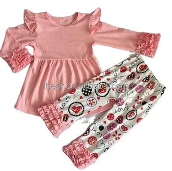 Love heart Boutique Outfit Little Girly Pink Top love heart fabric Ruffle Pants Set Kids Clothes Wholesale Girls Clothing