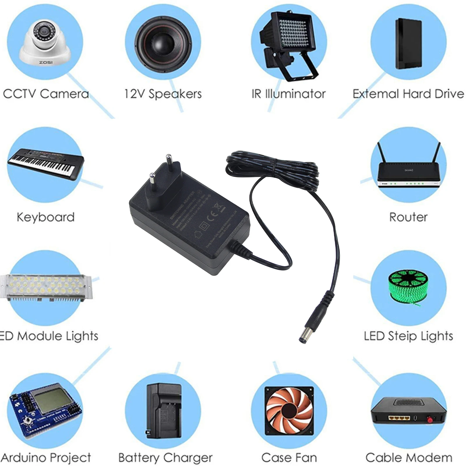 Universal EU Plug in Power Adapter 12V 2A DC Output 5.5/2.1mm Connector ...