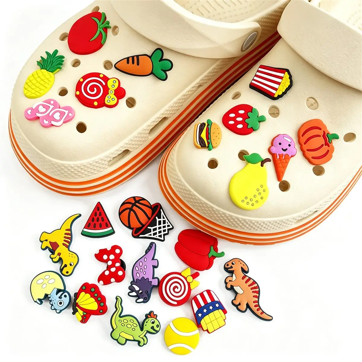 Food and sweets themed 3D rubber shoe charms on clogs