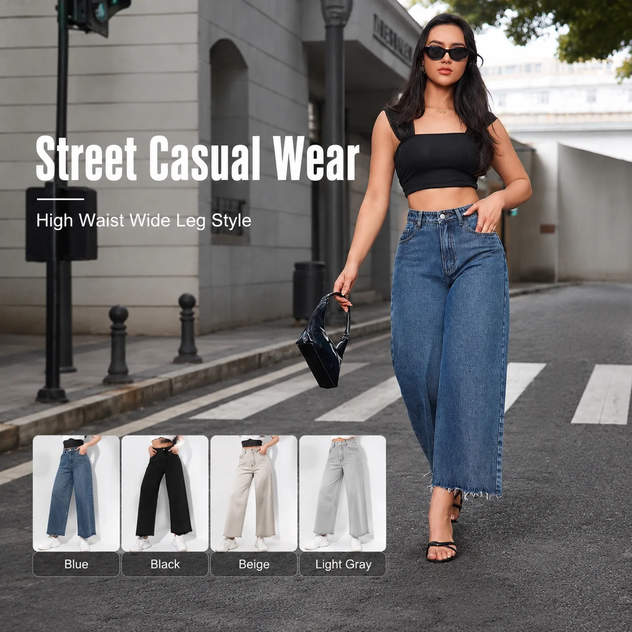 Fashion Women's Casual Pants Loose Cotton Denim Solid Color Flared Wide-Leg for Cross-Border Bestseller