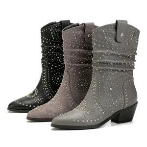 Women's Black Mid-Calf Western Cowboy Boots with Rhinestones Pointed Toe and Block Heel for Autumn Winter and Summer