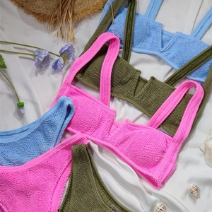 Wholesale Custom Seersucker Fabric V Neck Swimwear Women Bikini Two Piece Swimsuit