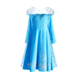 OEM/ODM Custom Children's Dream Party Girls Elsa Princess Dress Flannel Fabric Sequined Snowflake Pattern Fur Trim Cape Bulk