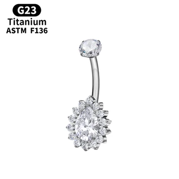 G23 Titanium 14G Navel Piercing Ring 10mm Long Water Drop Big Zircon Belly Button Rings PVD Plated Body Piercing Jewelry