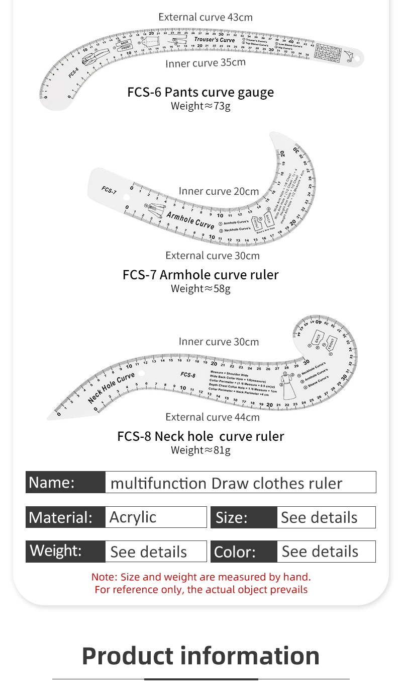 JP Acrylic French Garment Ruler Curve Ruler Set Scribing Wheel PVC ...