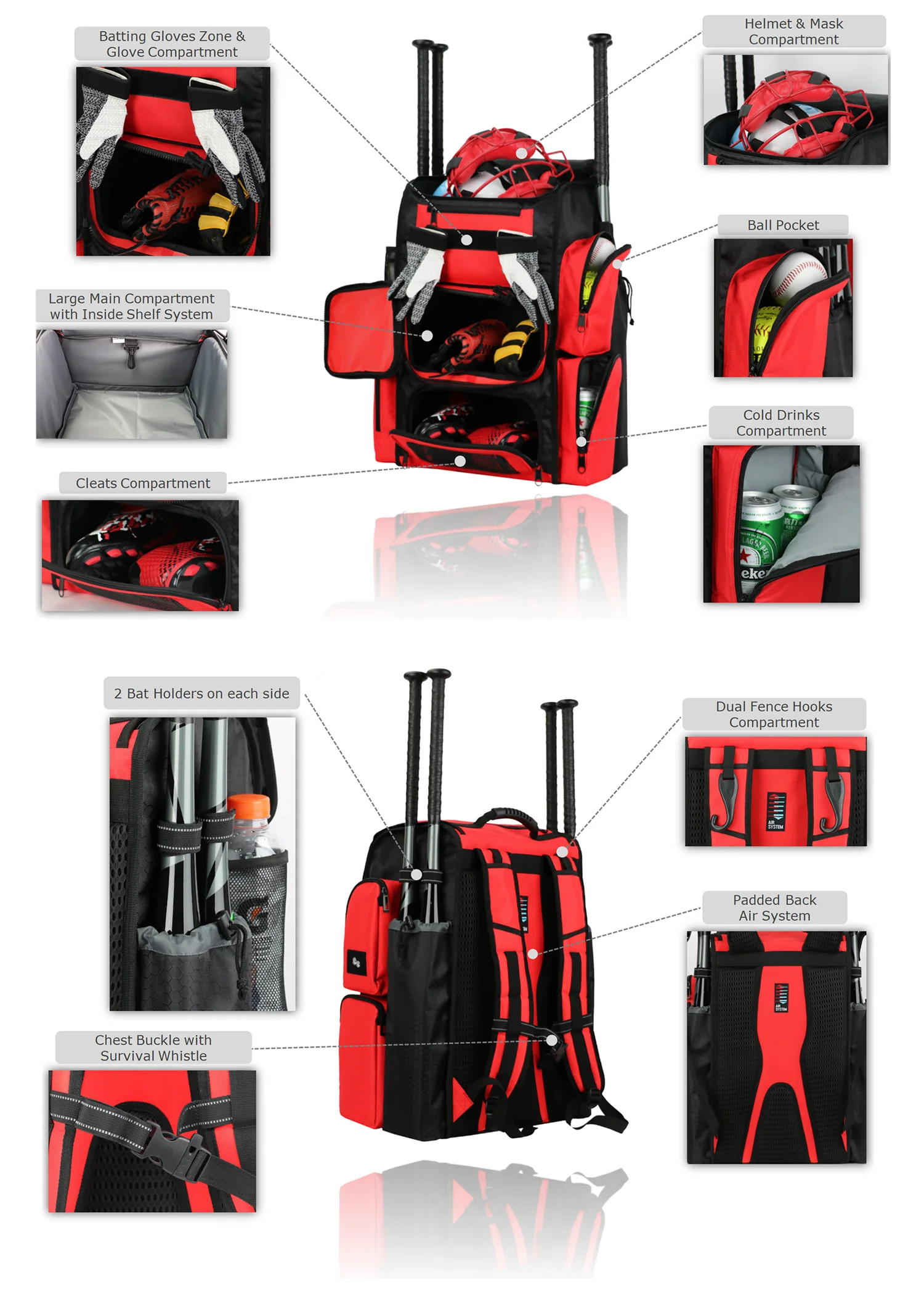 Kopbags Custom Logo Baseball & Softball Backpack with Large Compartment for Accessories Storage Personalized LOGO manufacture