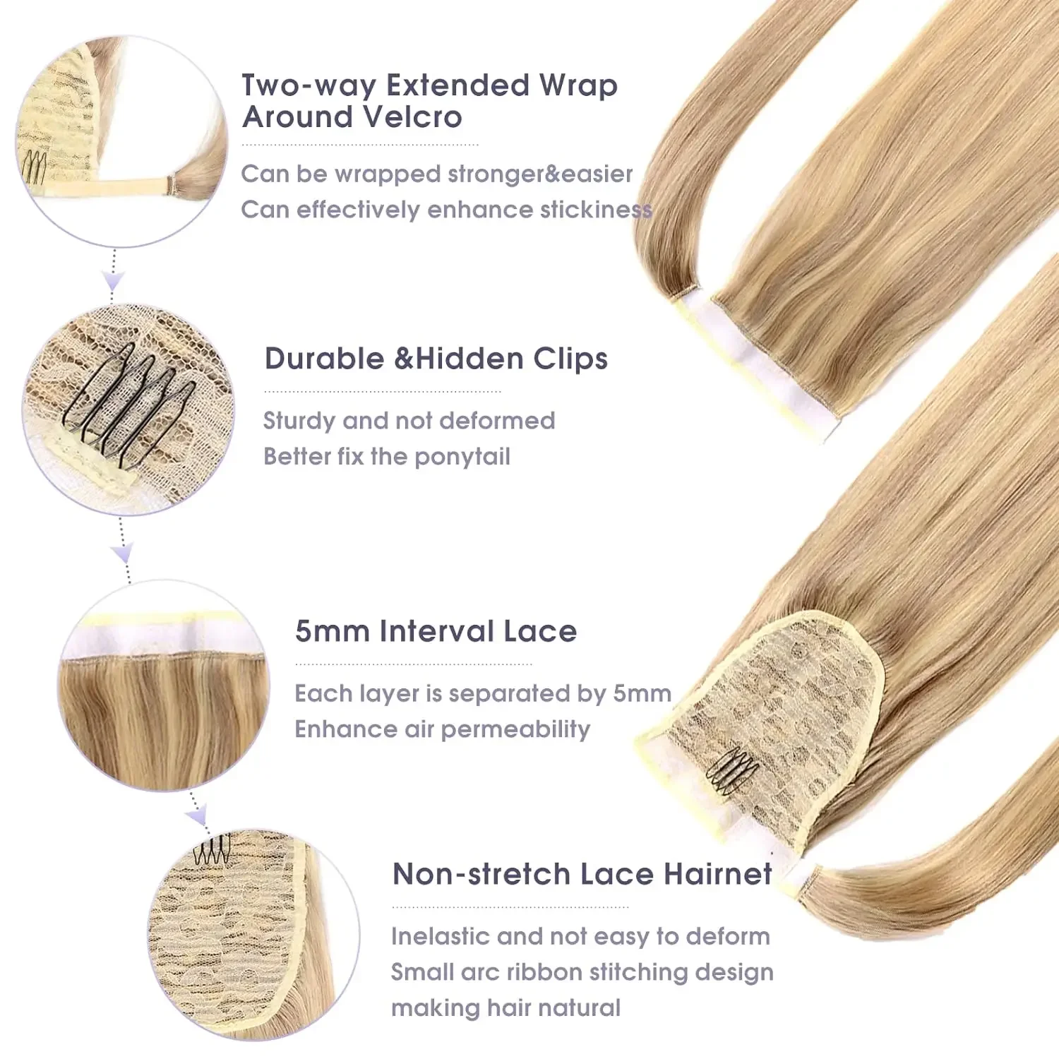 Straight Ponytail Human Hair Wrap Around 100% Remy Hair Extension Color #8/613 120g Thick Real Hair For Women 16-26Inch_voghion.com