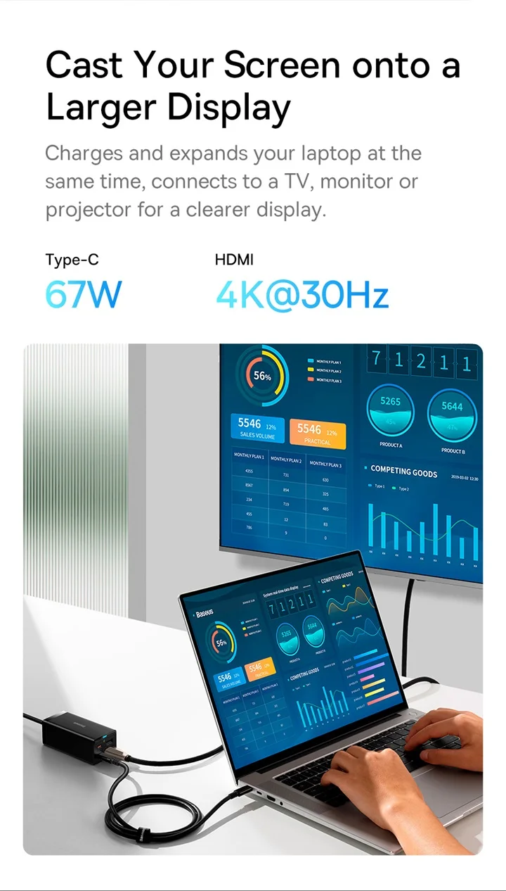 Pour baseus GaN5 Pro chargeur rapide de bureau 1U + 2C + HDMI 67W avec cordon d'alimentation de 1.5m prise de charge