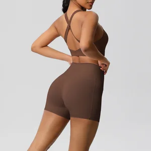 Quick Dry Breathable Double-Sided Brushed Medium Support Spandex/Nylon Sports Bra Shorts Set Removable Chest Pad for Yoga