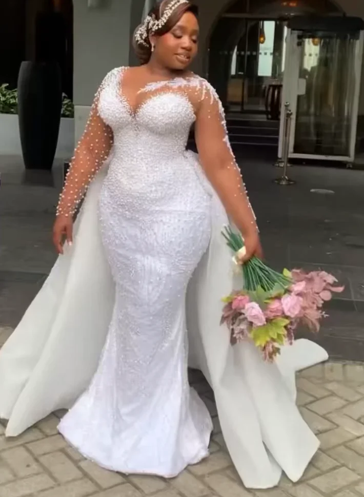 Hot New African Plus-size Wedding Bride Fish Tail Removable Wedding Dress  Embroidery Pearl High Quality Wedding Dress