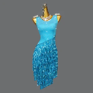 Sequins Rhinestone Latin Dance Dress for Girls Children's Ballet Dance Costumes Women Dance Dress Performance Costumes