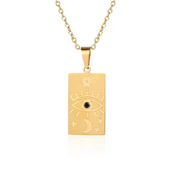 Moon and Star Sun Square Charm Wholesale 18K Gold Plated Stainless Steel Jewelry Personalized Turkish Pendant Necklace