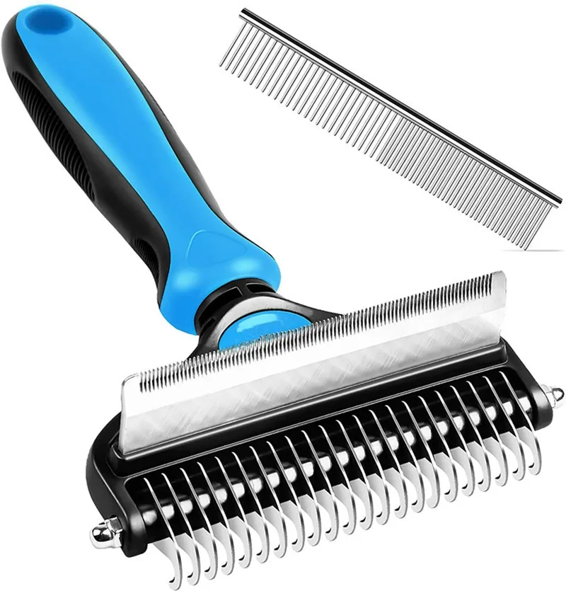 2 in 1 Pet Grooming Brush Deshedding Tool & Undercoat Rake Demoting Comb for Mats & Tangles Removing Reduces Shedding up to 95%