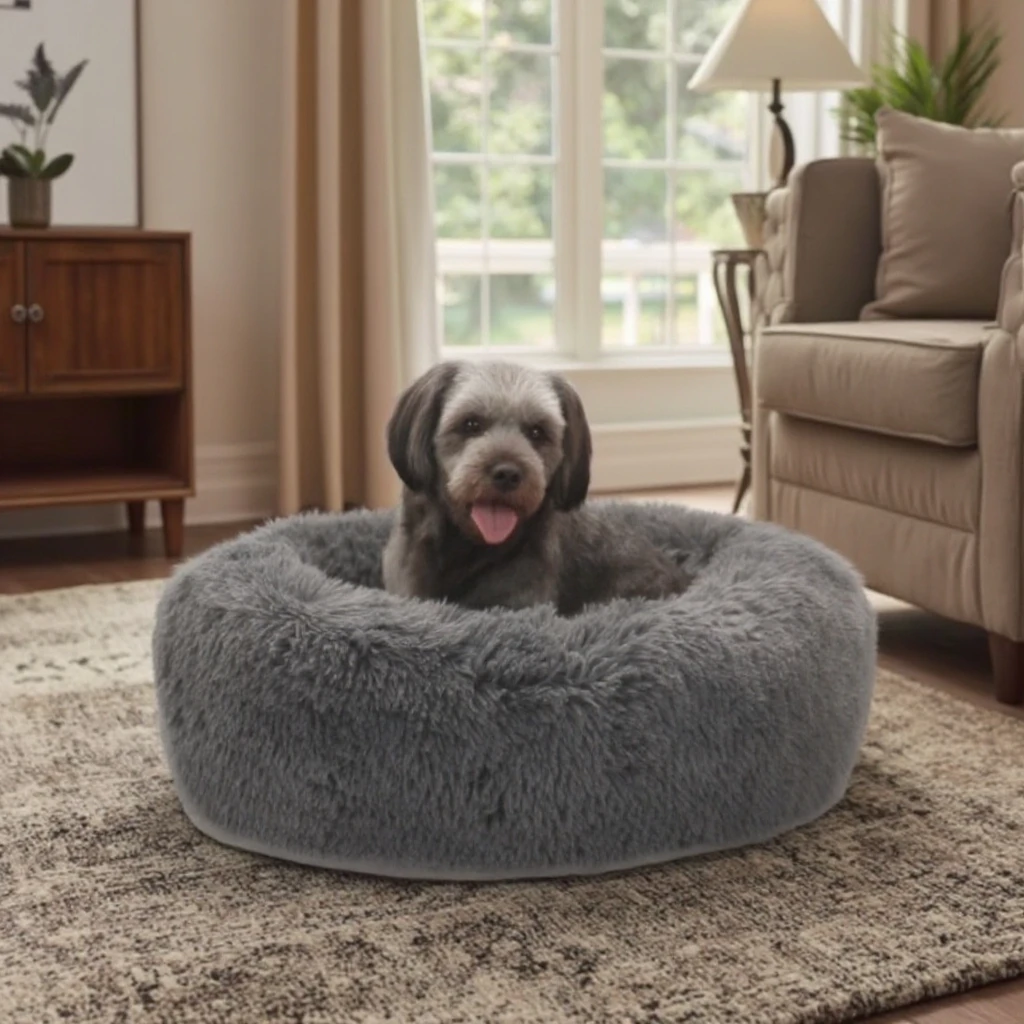 Cama redonda de felpa de lujo para mascotas, suave cama tipo donut de piel sintética para perros y gatos, patrón sólido