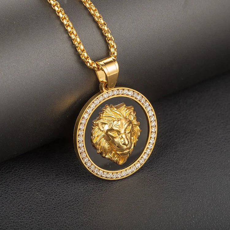 Cool Men Accessory Jewelry 18K Gold Plated Stainless Steel Black Enameled Lion Head Pendant Necklace