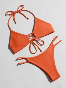 Wholesale Custom High Leg Cut 2 Set Bikini Women XL/Plus Beachwear Swimwear Shiny  Sloid  Micro Style Thongs Waist