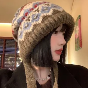 Designer Brand New Vintage Wool Blend Knit Earmuff Hat Warm Winter Outdoor Headwear Argyle Pattern Versatile Wholesale Hat