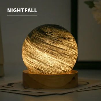 USB Night Light Wooden Base Art Crafts Home Bedroom Lamp Featuring Glass Ball Globe Astronomy Fantasy Rainbow Planet Starry Sky